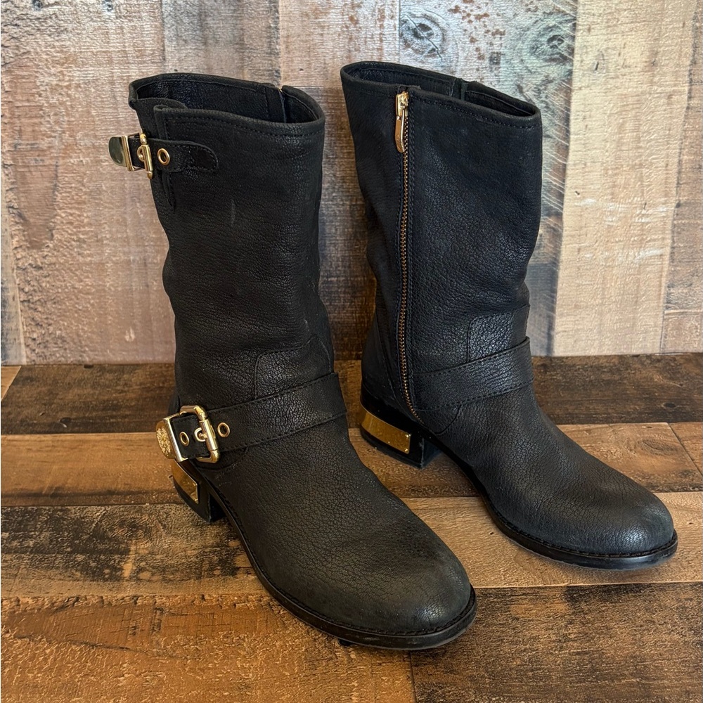 Vince Camuto Winchell Bootie Classic Black Mid-Calf  with Gold Buckle Detail
